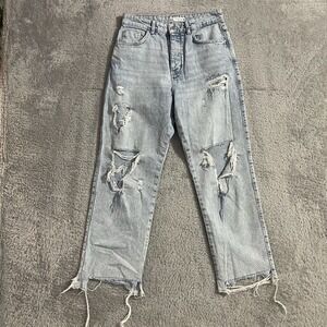 Zara Jeans Womens Size 6 Wide Leg Button Fly Distressed Blue Light Wash Raw Hems